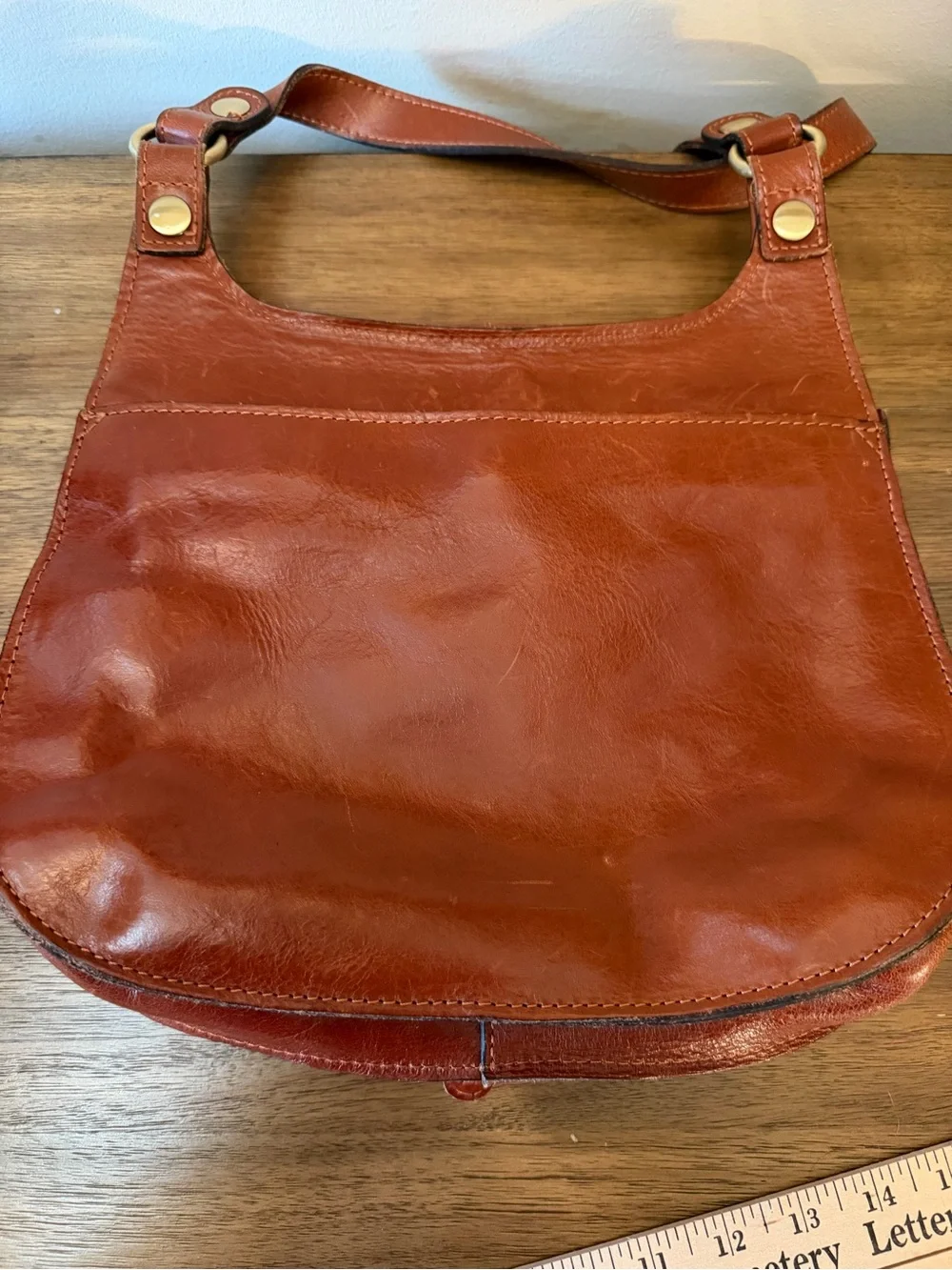 Patricia Nash Quilted Patchwork Leather Saddle Crossbody Bag Cognac - Picture 7 of 13